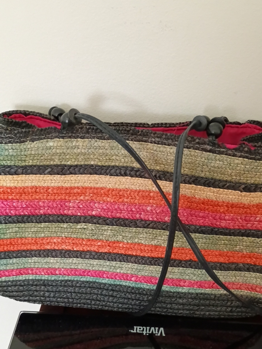 Striped Multicolor Straw Shoulder Bag - Pink, Orange & Green